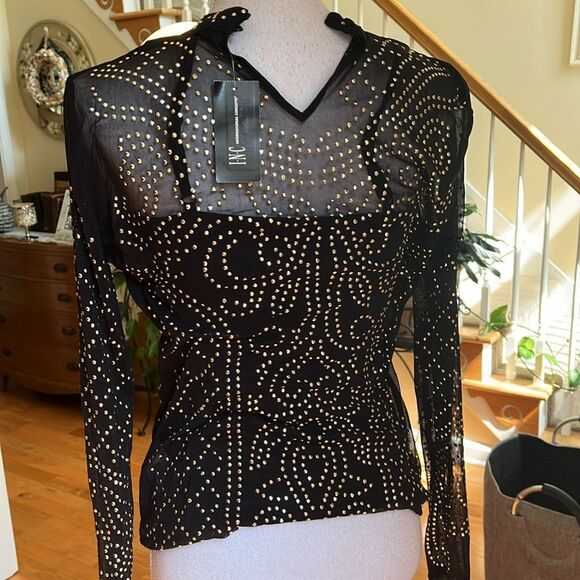 NWT INC International Concepts Black Silver Long Sleeve Studded Blouse - Picture 4 of 8